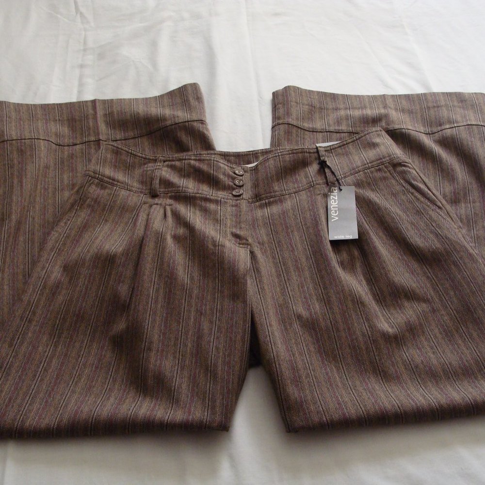 VENEZIA Brown/Multi-Color Pin-Stripe WIDE Leg Dress Pant Sz 16 (32 Inseam)